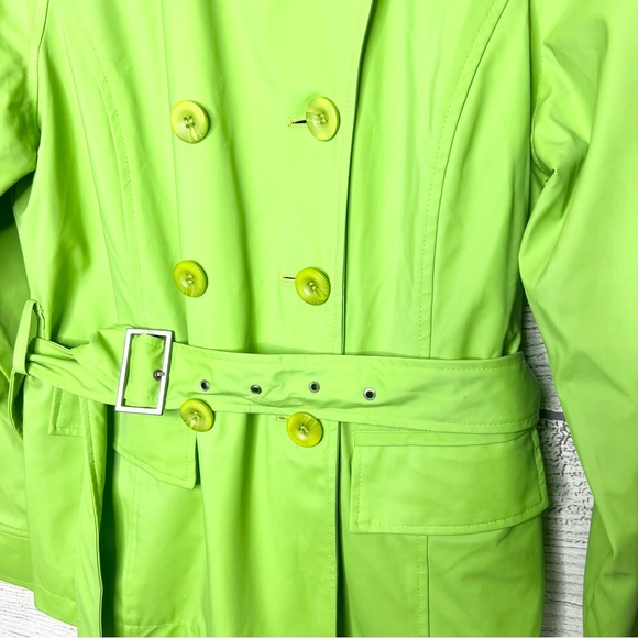 Vintage Braetan Bright Lime Green Double-Breasted Belted Trench Coat Size Small - Picture 5 of 13